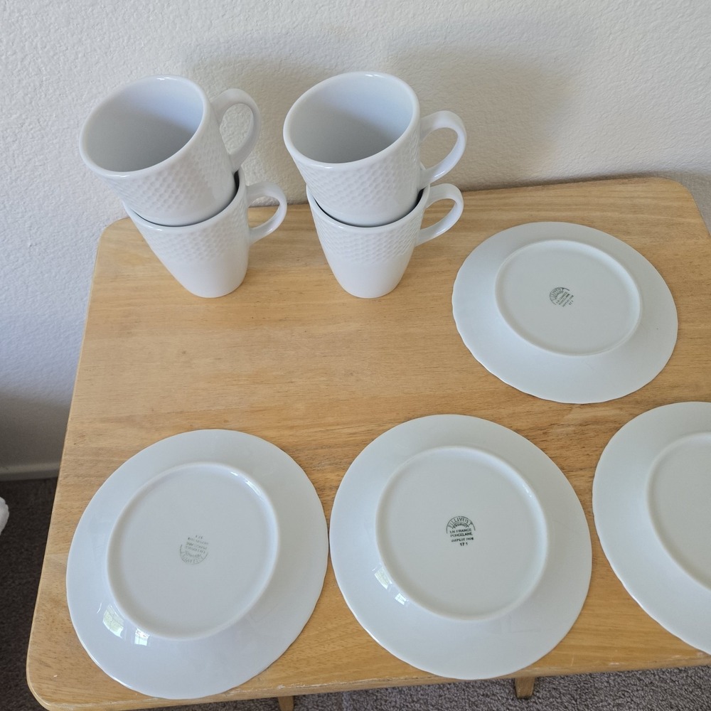 Williams Sonoma Pillivuyt Perle White Porcelain 4 Cups & 4 Saucers Small Plates - Picture 12 of 16